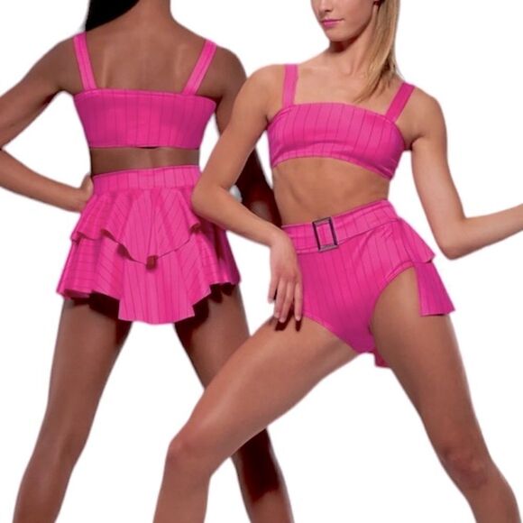 Kelle dance jazz acro costume 2 piece hot pink pin stripe top buckle skirt LA - Picture 1 of 10
